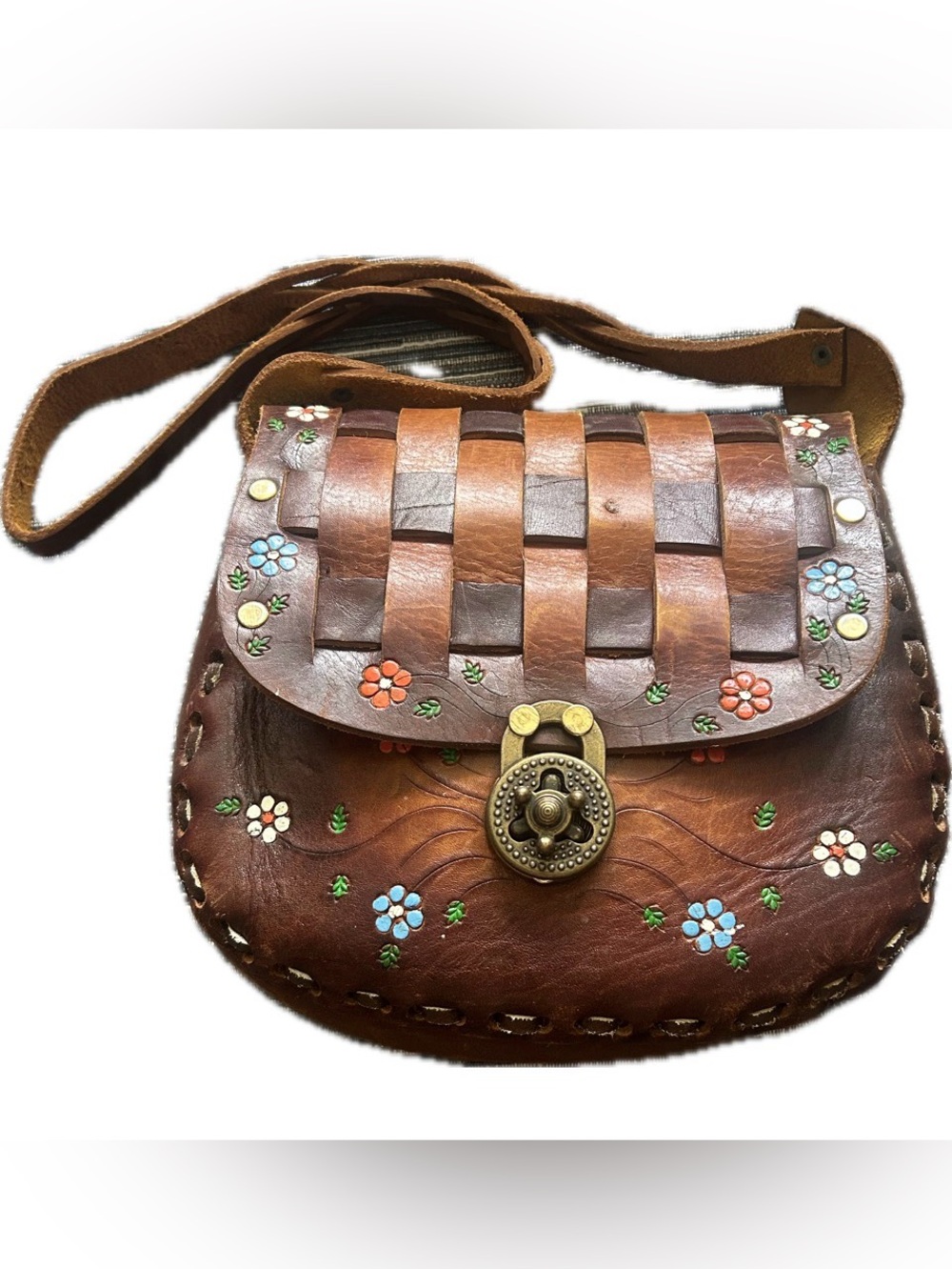 Vintage Woven Leather Braided Strap Tooled Flowers Shoulder Bag